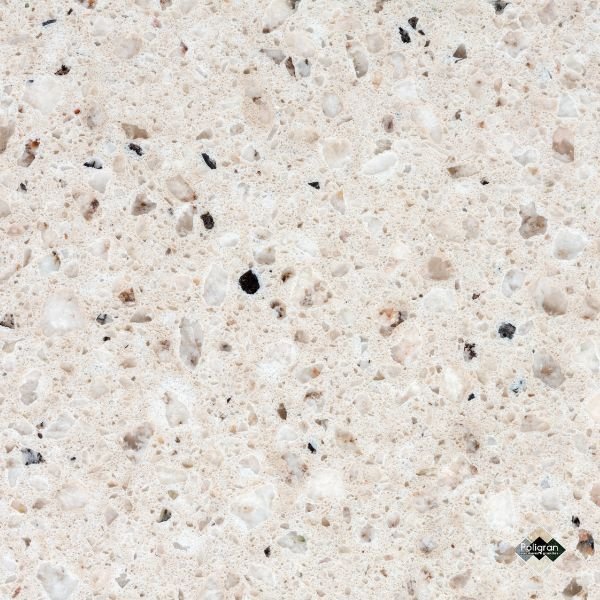 Amostra de pedra sintética bege com fragmentos coloridos